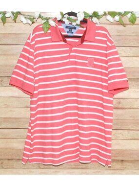 TOMMY HILFIGER Polo Shirt Mens XXL Short Sleeve Peach & White Stripe Preppy Golf